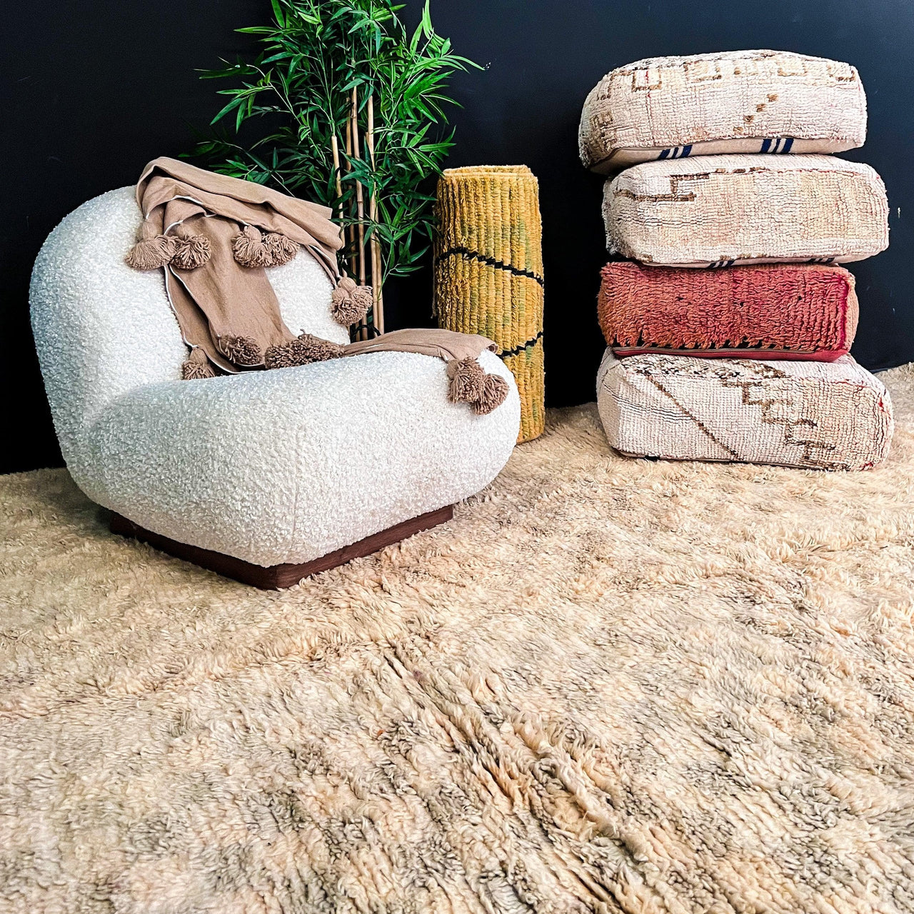 Moroccan Rug Set: Shaggy Checkered Rug, Vintage Runner, Cushions, and Pom Pom Wool Blankets - Ettilux Home