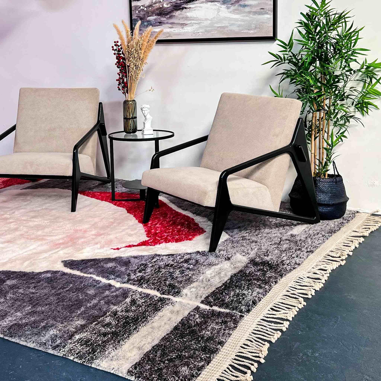 Make a statement with the Rosy Abstract Handwoven 100% Wool Beni Mrirt Rug, a stunning Beni Ourain rug measuring 8.1 X 9.9 ft / 247 X 304 cm. Handcrafted using premium wool, this rug features a beautiful abstract design and luxurious texture.